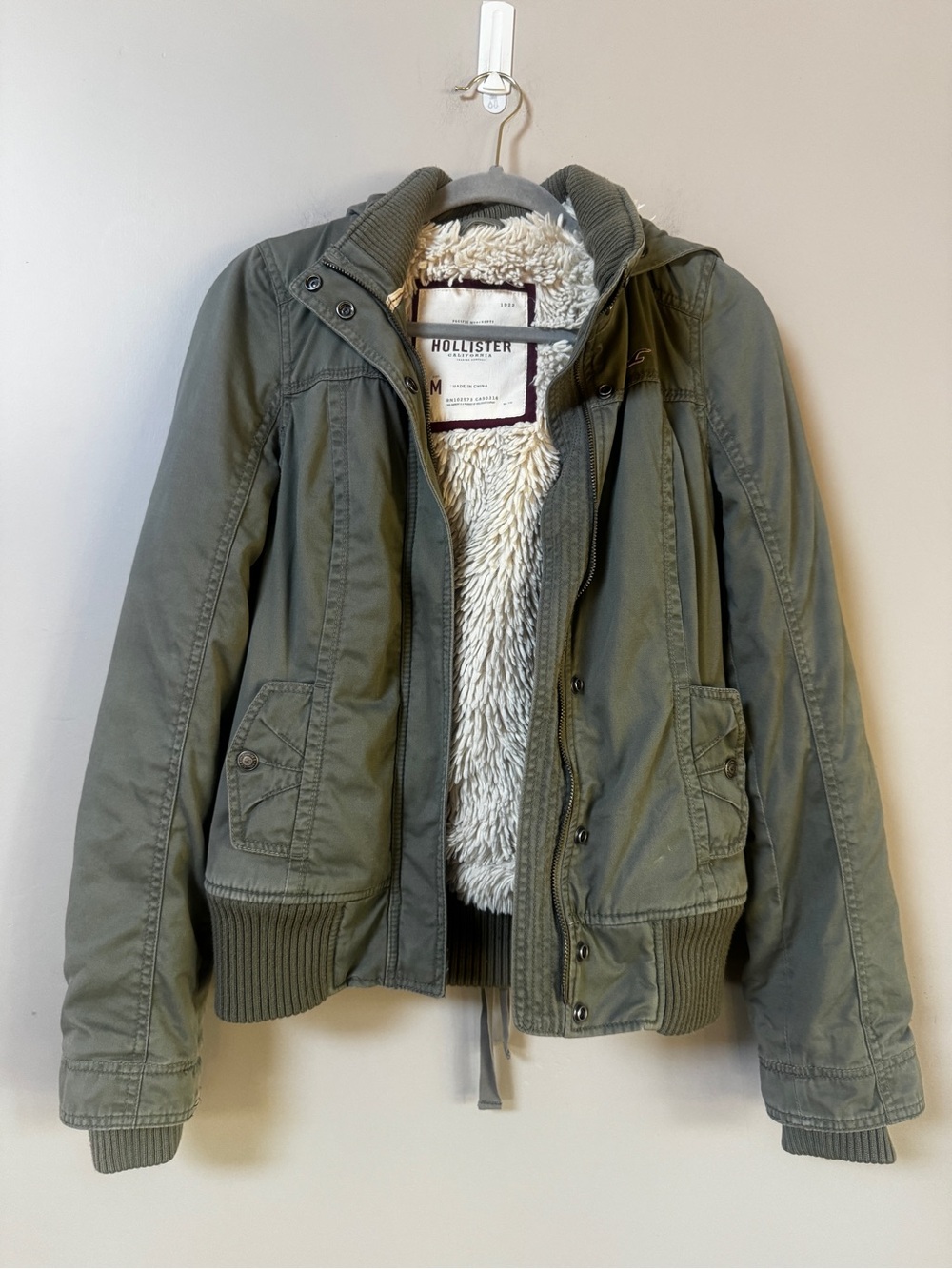 Y2K vintage Hollister green fur lined bomber hoodie jacket womens sz Medium